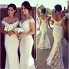 2020 Elegant Long Formal Dresses for Women Lace Off Shoulder Mermaid Sweep Train Corset Bridesmaid Dresses Covered Button Back Sweep Train