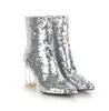 Sparkly Silver Sequins Transparent Clear Heels Ankel Bootie Luxury Designer Kvinnor Stövlar Rensa klackar Storlek 32 till 42 43