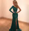 Funkelnde vintage grüne Pailletten Prom Kleider eine Schulter mermaid Langarmes Seitenschlitz -Sweep -Zug gleiche formale Partykleid Mitte 403 403