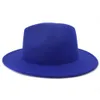 2020 New Royal Blue Red Patchwork Faux Wool Felt Fedora Hats with Thin Belt Buckle Men Women Large Brim Panama Trilby Jazz Cap1934