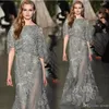 Elie Saab 2020 Suknie Wieczorowe Szary Niebieski Długie Koronki Wspaniałe Prom Suknie Linia Bateau Neck Pół Długie Rękawy Celebrity Party Dress