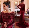 2020 rouge foncé mode velours mère de robes de mariée manches longues perles cristaux dentelle sirène robes de mère robe de soirée de mariage marié