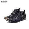 Batzuzhi italienska handgjorda män skor pekade metall tips svart blå läder fotled stövlar man lace-up nets fest botas hombrre, US12