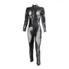 Schwarzer glänzender Lackleder-Catsuit für Damen, Netz-Patchwork-Overall, transparenter Reißverschluss, Body, sexy Katze, Catwoman, Cosplay-Kostüm