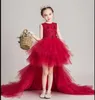 Rotes Tüll-Blumenmädchenkleid, Festzug, Abend, Party, Hochzeit, Kinderkleider für Mädchen, lange Schleppe, Geburtstag, Prinzessin, Kommunion, Kostüme