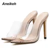 Aneikeeh 2020 Klassische PVC-Sommer High Heel-Hausschuhe öffnen sexy transparente dünne hohe Absätze festen spitzen Zeh Goldgröße 35-40