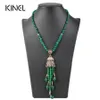 Luxury Vintage Long Tassel Pendant Necklace For Women Antique Gold Color Turkish Green Crystal Sweater Indian Bijoux