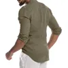 Moda masculina casual o-pescoço botão sólido praia manga longa blusa superior de algodão linho casual fino ajuste baggy camisas soltas blusa311r