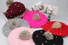 Children Pompoms Beret Hat Solid Color Pearl Cap Girls Winter Wool Painter Hats For 3-6 Years Kids Beanie Accessories