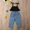 1-6Years Kids Baby Girls Summer Outfits Fashion Party Clothes Sleeveless Black Vest Crop Tops+Fish Net Denim Pants 2Pcs Sets