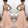 2020 Arab Evening Gowns A Line Formal Wear Sheer Scoop Neck Chiffon Long Prom Dresses With Gold Applique Beads