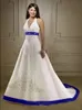 Vintage White and Burgundy Satin A Line Wedding Dresses Halter Neck Embroidery Beaded Open Back Lace Up Court Train Wedding Bridal Gowns