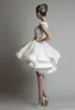 1950-х стиль короткие свадебные платья Bateau кружева пляж ярусы открытый цветочные Весна длина до колен свадебные платья кружева бальное платье Vestido де novia