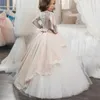 Juvel nacke vit rosa pärlor blomma tjejer klänningar toddler barn tillbaka båge tiered kjol golv längd tulle flickor pageant klänningar