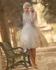 2020 New Hot Short Mini Champagne Homecoming Dresses Puffy V Neck Lace Appliques Illusion Long Sleeves Plus Size Party Dress Cocktail Gowns