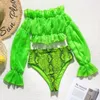 In-X Sexy bikini verde neon Costume da bagno a maniche lunghe in maglia Bikini a vita alta 2020 Costumi da bagno con stampa serpente Costume da bagno da donna