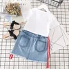 2pcs/lot Summer new design embroidery rose flower kids short top+denim skirt fashion boutique kids suit children clothing sets