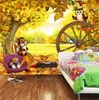 Papier peint 3d dessin animé paysage animal d'automne, décoration murale de fond de chambre d'enfant, papier peint de bande dessinée