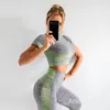 Mulheres Yoga Define manga curta cintura alta esporte leggings ginásio roupas esportes terno fitness top shirt yoga terno