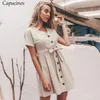 Abito estivo con bottoni in lino e cotone casual Abito da donna vintage con scollo a V a maniche corte con fiocco e cintura corta Camicia abiti Abiti femminili