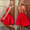 New Arrival Sleeveless V Neck Simple Red Short A Line Homecoming Dress Strappy Short Prom Dress With Open Back