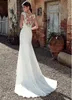 2023 Modest Soft Satin Scoop Mermaid Wedding Dresses With Lace Appliques Sheer Bridal Gowns Illusion Back robe de mariee286c