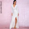 LovElemonade Sexy Branco Profundo V-Pescoço Cut out Sleeves Puff Glitter Lantejoulas Material Elástico Maxi Vestido LM81715 Outono / Inverno CJ191203