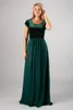 2019 Rosa Velvet Chiffon Longo Modest Vestidos dama de honra com manga curta Pescoço da colher Andar de comprimento Mulheres modesto casamento vestido de festa