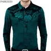 Erkek Yeşil Kadife Çiçek Elbise Gömlek 2020 Marka Yeni Slim Fit Uzun Kollu Velor Gömlek Erkekler Casual Düğme Aşağı Gömlek Erkek Camisas
