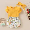 Baby Clothes Girl Floral Romper Sets Short Sleeve Solid Tops + Floral Print Shorts + Bow Headbands 3pcs/set Boutique Kids outfits M2111