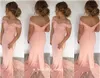 Latest Off The Shoulder Mermaid Long Evening Dresses Pink Lace Satin Zipper Back Formal Evening Gowns Prom Dresses Vestido De Noche ED1178