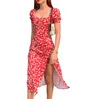 Macheda Francuski Romans Retro Dresses Kobiety Casual Kwiatowy Print Square Collar Sukienki Ruffles Rękawem Puff Sleeve Midi Dresses Lady 2020