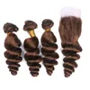 Marrom escuro Solto Ondulado 4x4 Fechamento de Renda com Tece 4 Pcs Lot Onda Solta # 4 Castanho Chocolate Brasileiro Virgem Do Cabelo 3 Pacotes com Fecho