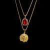 Iced Out Indian Chief Red Gem Pendant Halsband smycken Set Men lyxdesigner Mens Gemstone Bling Diamond Pendants 24 30 tum 3m2502