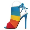 여성 샌들 붕대 무리 크로스 스트랩 레이스 높은 발 뒤꿈치 10CM 샌들 Femme 패션 혼합 된 색상 여름 샌들 신발