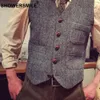 Duş tüvit yelek erkekler gri balıksırtı yelek erkek vintage ince fit gilet cepleri sonbahar kış retro kolsuz ceket