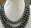 50 "ÉNORME NATUREL 9-10MM COLLIER DE PERLES NOIRES DE LA MER DU SUD 925fermoir en or en argent