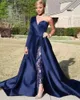 Elegant Jumpsuits Evening Dresses Pants Suit Dark Navy One Shoulder Long Sleeve Split Prom Gowns A-Line Celebrity Party Wear