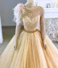 Arabische Aso Ebi Goldspitze Kristalle Abendkleider mit langen Ärmeln Ballkleider Vintage formelle Party Kleider für den zweiten Empfang 2020