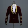 Veste de costume en velours à Double boutonnage pour hommes, broderie dorée, flambant neuf, col châle, Style militaire, Blazer de scène de fête masculin