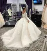 Великолепная принцесса бальное платье свадебное платье Дубай Arabic Sheer Neck с длинным рукавом Кружева-Up кружева аппликация свадебное платье Платье De Novia