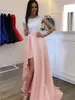 2019 Prom Dresses bicolore gioiello collo maniche corte in pizzo Top Illusion Torna alto spaccato asimmetrico Blush abiti rosa festa di sera