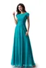 Simple Turquoise A-line Lace Chiffon Long Modest Prom Dress With Cap Sleeves New Jewel Floor Length Teal Wed Party Evening Dress