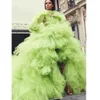 robe de soirée Robes de soirée arabes vert longues robes formelles modestes Dubaï à plusieurs niveaux Tulle Salut bas robes de soirée élégantes manches longues