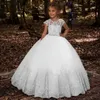 2020 Lovey Holy Lace Princess Flower Girl Jurken Baljurk Eerste Communie Jurken voor Meisjes Mouwloze Tule Toddler Pageant Jurken