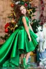 Satin Emerald Green Kids Fageant Dress Dress Farty Party Party с экипаж Высоко низкие девочки Formal Dress254R