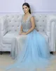 Nieuwste Prom 2019 -jurken Sexy Deep V Neck Backless Lace Beads Crystal Evening Jurk met afneembare trein Speciale OCN -jurken