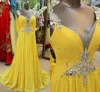 Büyüleyici Sarı Şifon Nedime Elbiseleri 2020 Sırsız Kristal Boncuk Düğün Elbise Onur Hizmetçisi Resmi Gowns V Neck Pro268v
