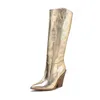 Stiefel 2021 Winter Gold Silber Kniehohe Frauen Spitze Zehen Spike Kitten Heels Lange Ritter Cowboy11