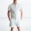 Summer Fashion Short Sleeve Mens Rompers Male Single Breasted Jumpsuit Cargo Short Pants Boyfriend Zip Trousers Party Overalls